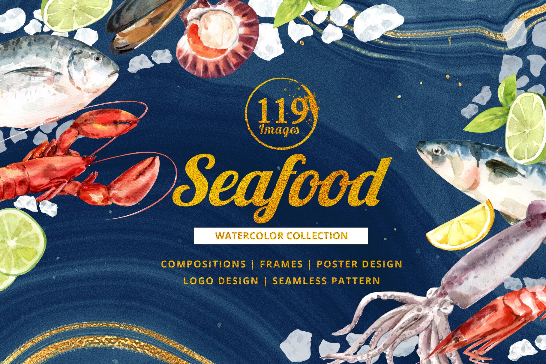 119个高清海鲜美食手绘水彩插画PNG透明背景图片素材 Seafood Watercolor Illustrarion Set_img_2