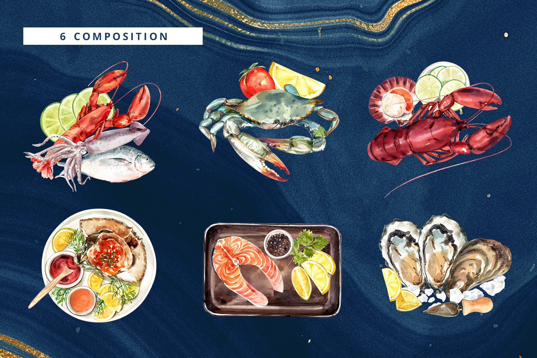 119个高清海鲜美食手绘水彩插画PNG透明背景图片素材 Seafood Watercolor Illustrarion Set_img_2