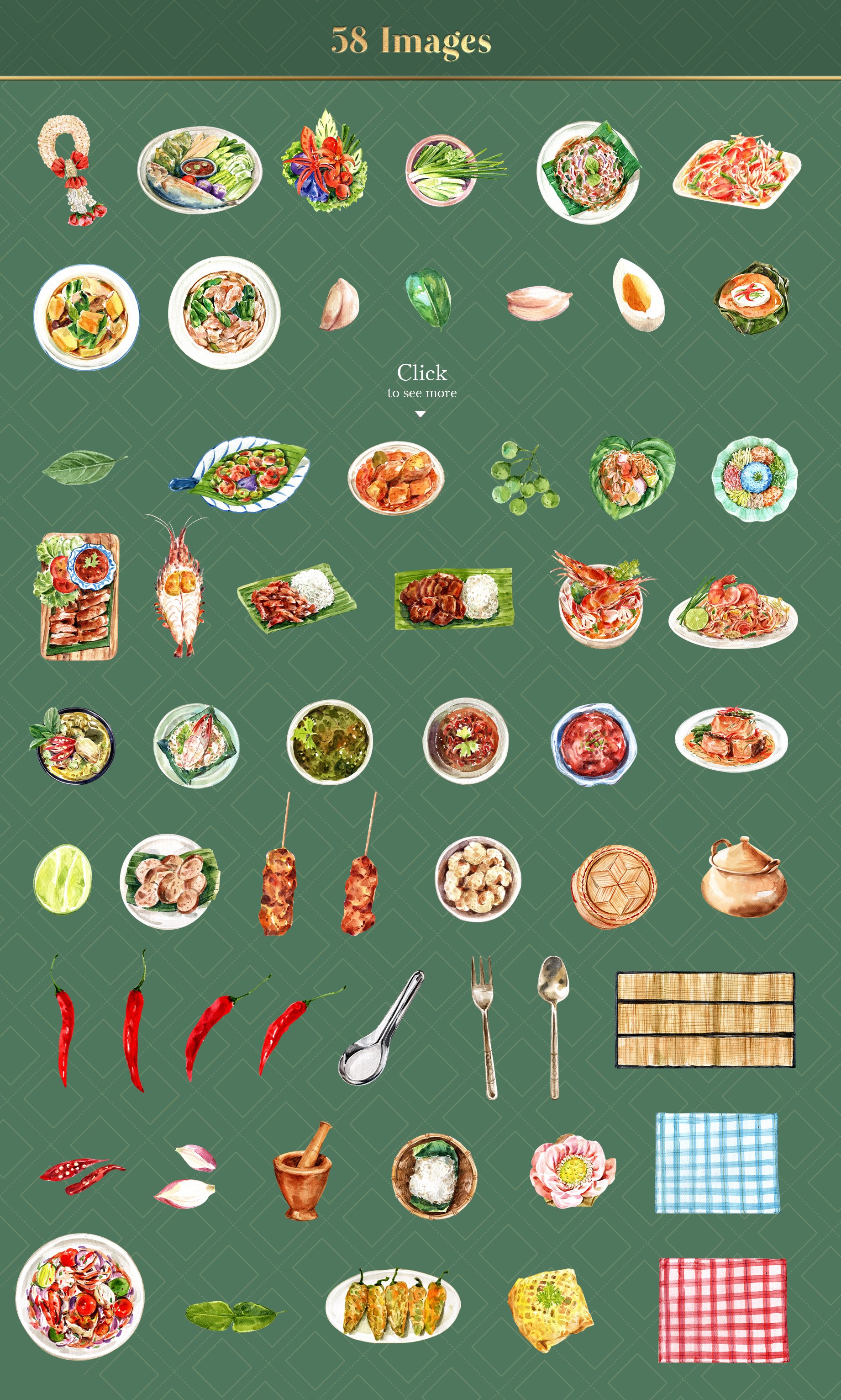 80张泰国美食水彩剪贴画图片PS设计素材合集 Thai Food Dishes Watercolor Set_img_2