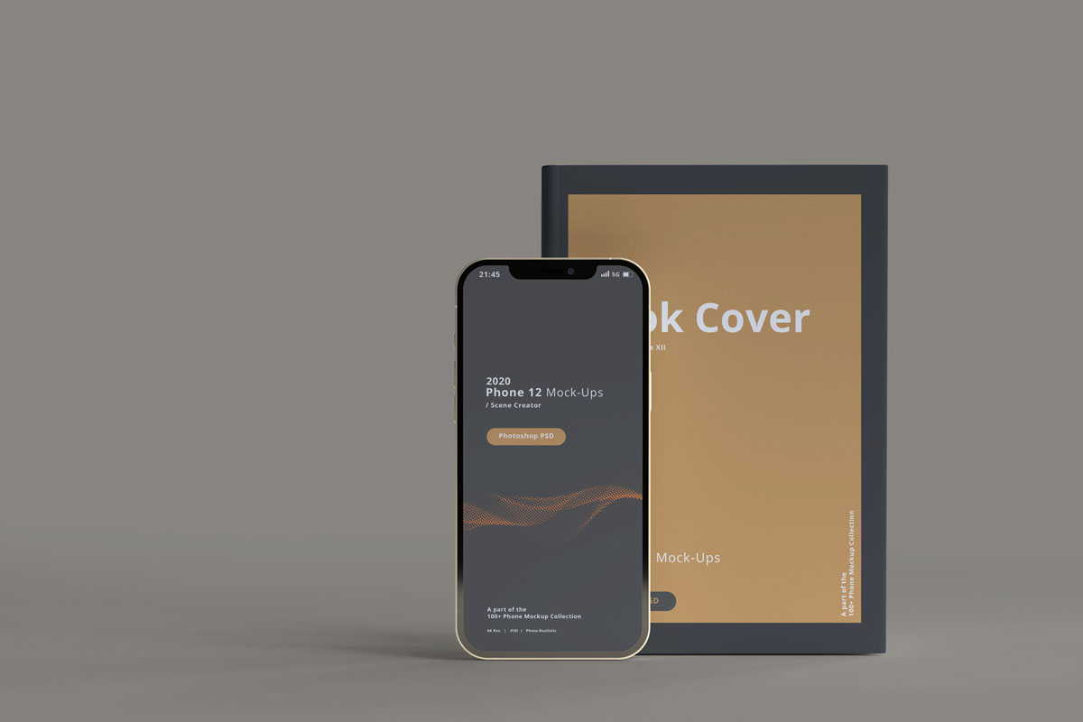 8款带书籍苹果手机Phone 12屏幕演示样机 2020 Smart Phone 12 Mockups With Book Cover_img_2