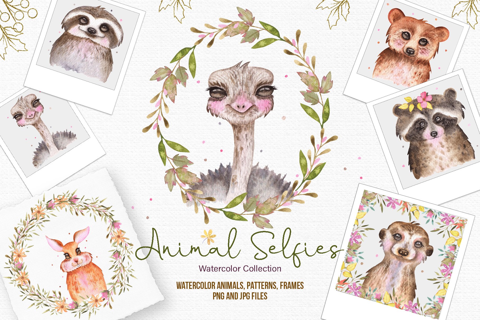 高清植物花朵动物手绘水彩画PNG免抠图片素材 Watercolor Animal Selfies_img_2