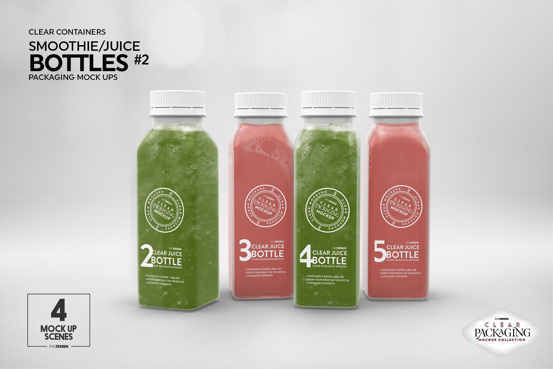 4个果汁饮料塑料瓶标签设计展示体贴样机模板 Clear Juice Smoothie Bottle Mockup_img_2