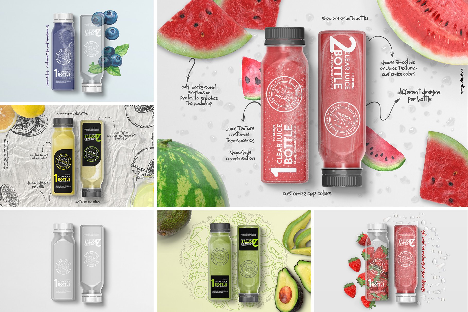 4个果汁饮料塑料瓶标签设计展示体贴样机模板 Clear Juice Smoothie Bottle Mockup_img_2