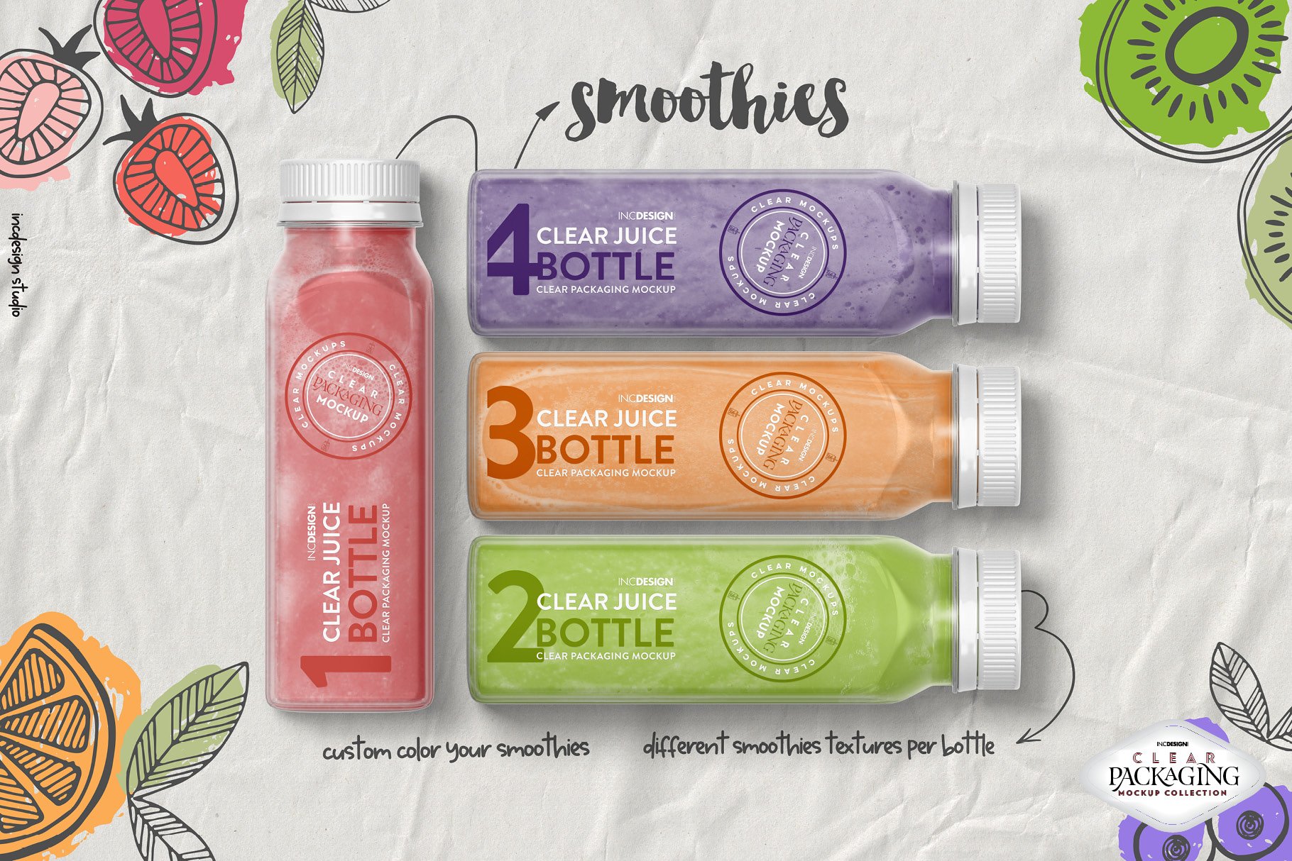 4个果汁饮料塑料瓶标签设计展示体贴样机模板 Clear Juice Smoothie Bottle Mockup_img_2