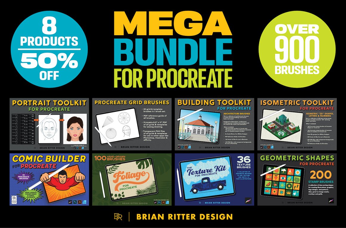 900+等距几何建筑网格肖像漫画Procreate笔刷合集 Mega Bundle For Procreate_img_2