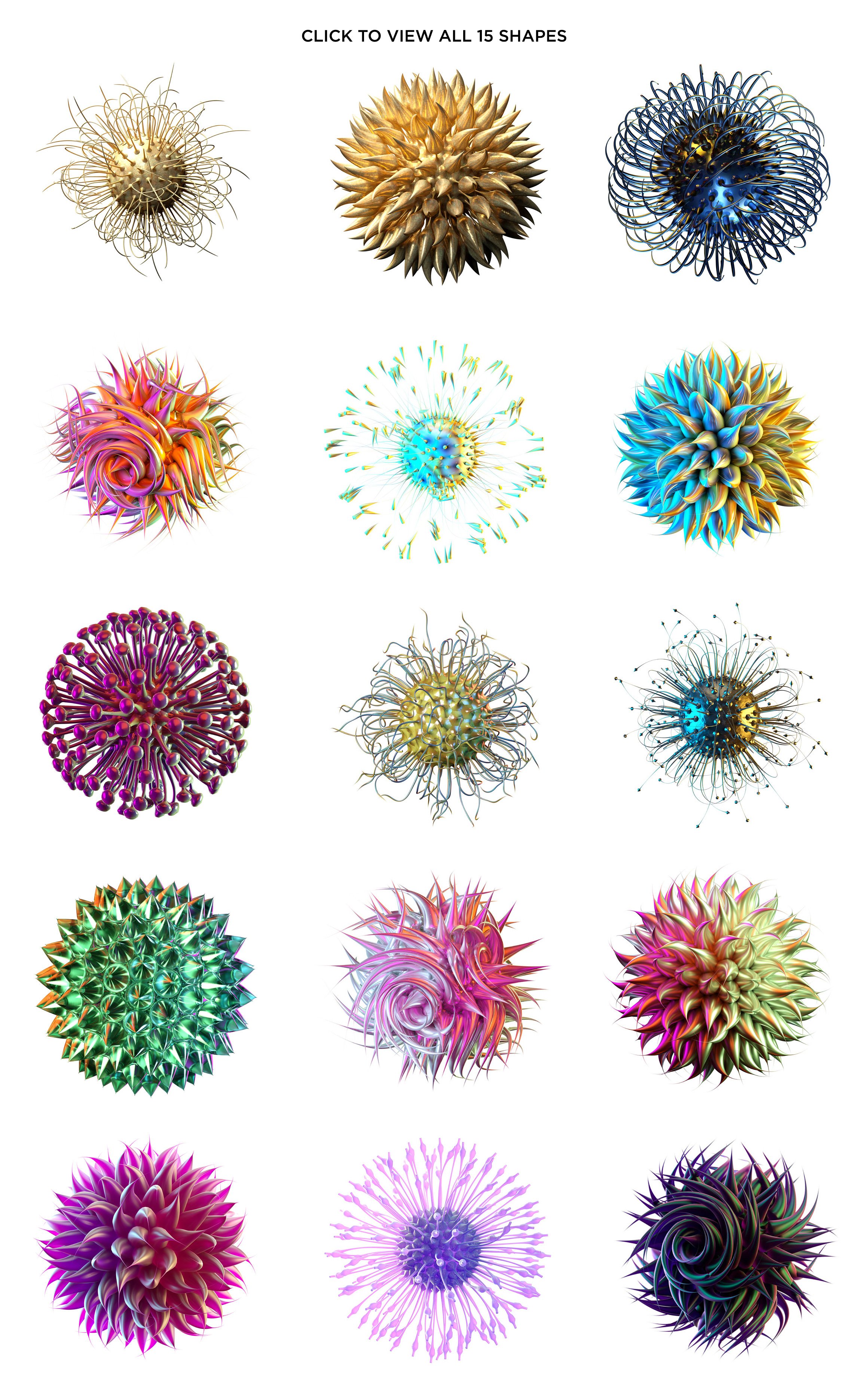 15款抽象3D渲染有机光谱海报设计底纹背景PNG免抠图片素材 15 Spectral Microworld Shapes_img_2