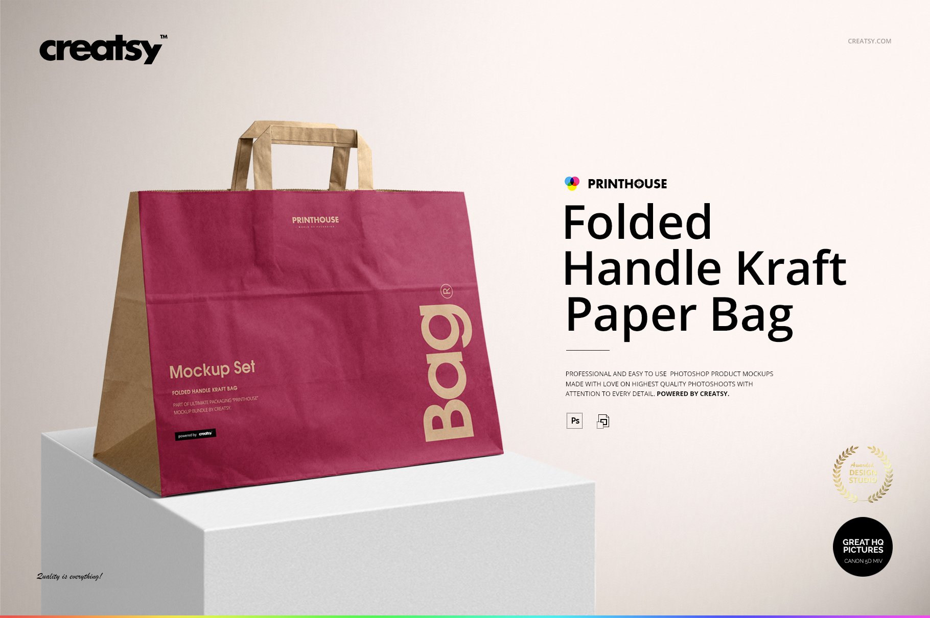 折叠手柄购物牛皮纸袋设计展示贴图样机 Folded Handle Kraft Paper Bag Mockup_img_2