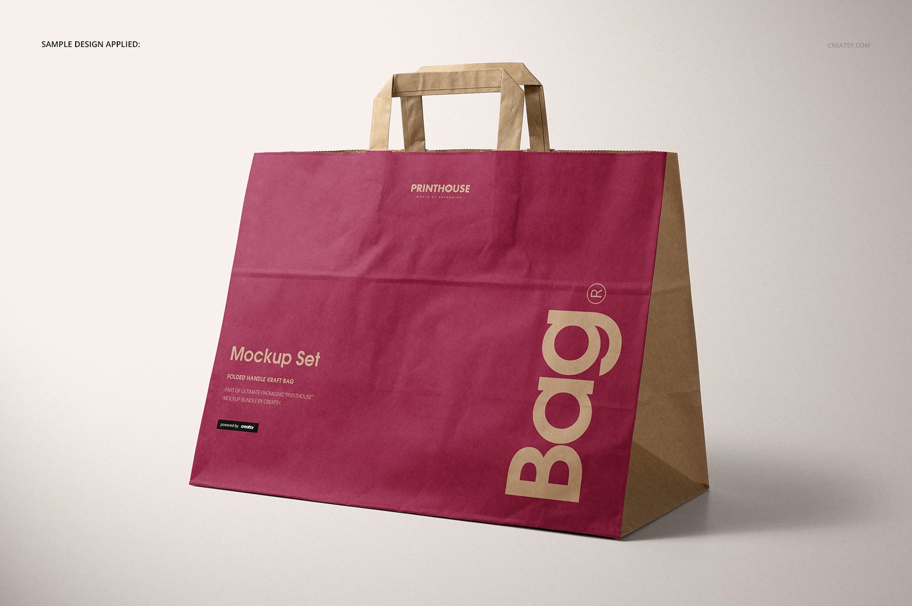 折叠手柄购物牛皮纸袋设计展示贴图样机 Folded Handle Kraft Paper Bag Mockup_img_2