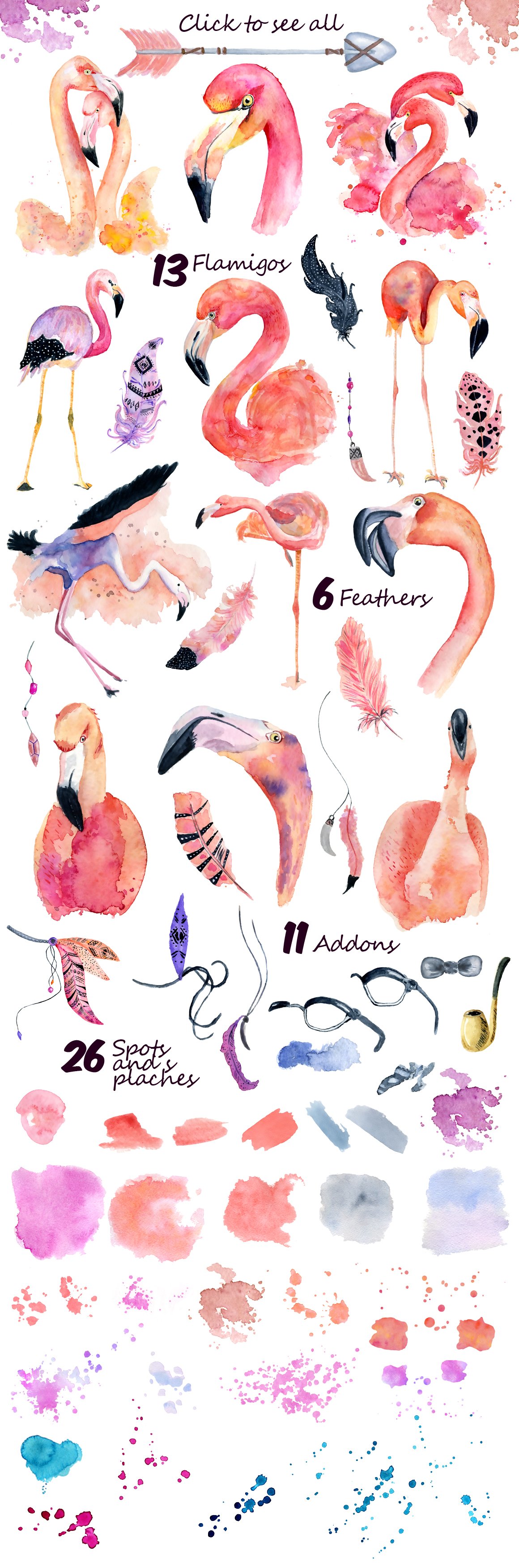 波西米亚风粉红火烈鸟元素水彩剪贴画合集 Boho Flamingo Watercolor Set_img_2