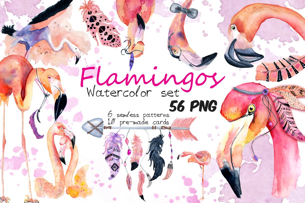 波西米亚风粉红火烈鸟元素水彩剪贴画合集 Boho Flamingo Watercolor Set_img_2