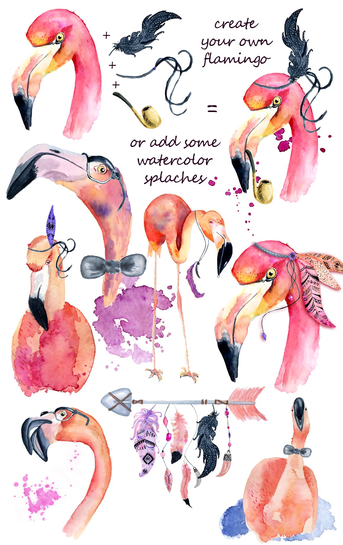 波西米亚风粉红火烈鸟元素水彩剪贴画合集 Boho Flamingo Watercolor Set_img_2