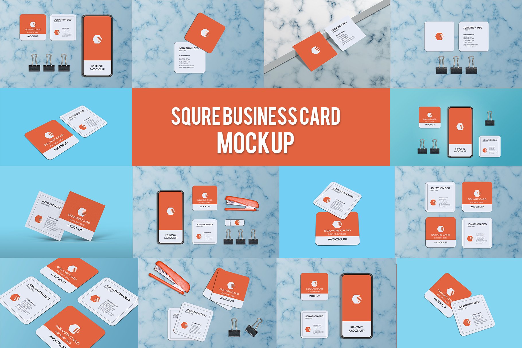 14款方形商务名片卡片设计展示贴图样机 Square Business Card Mockup_img_2