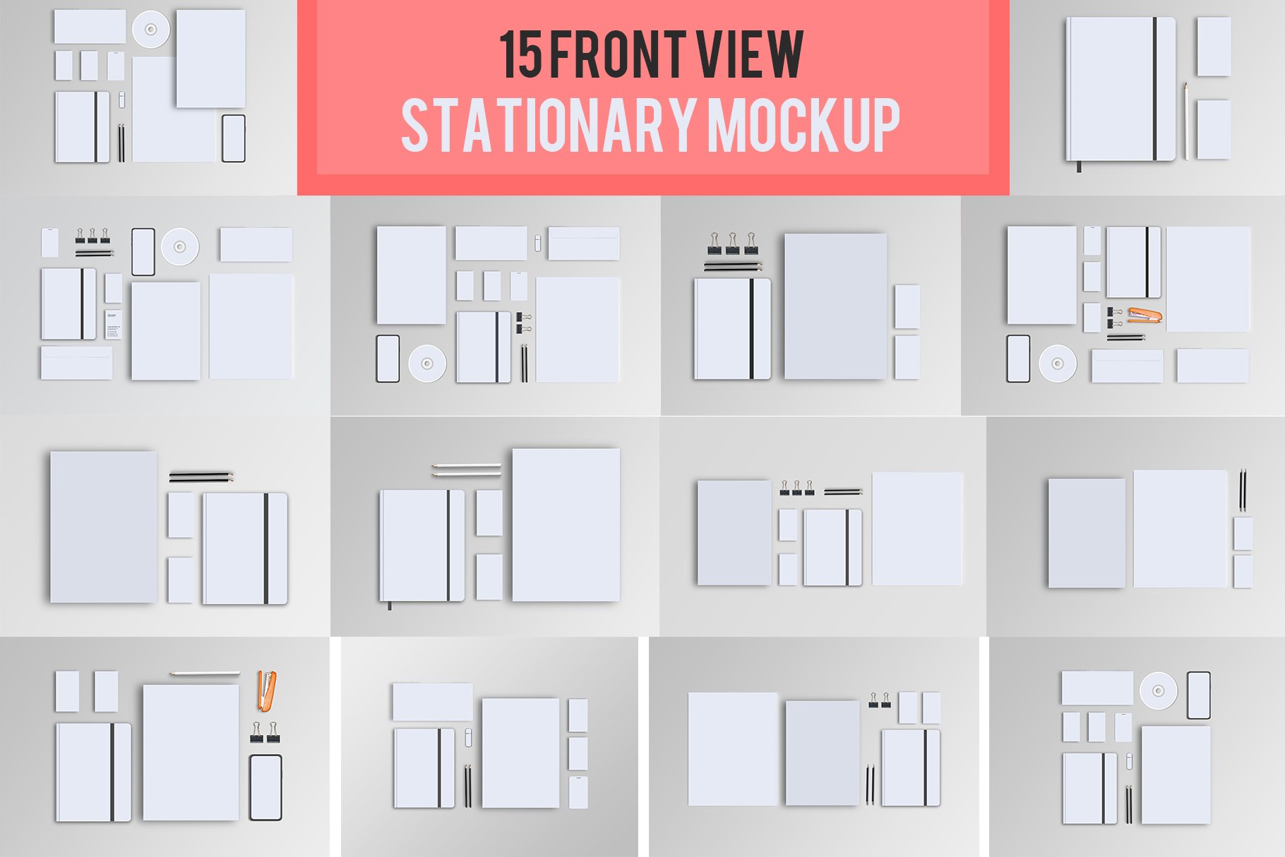 15款品牌VI设计办公用品前视图展示贴图样机 Stationary Mockup Front View_img_2