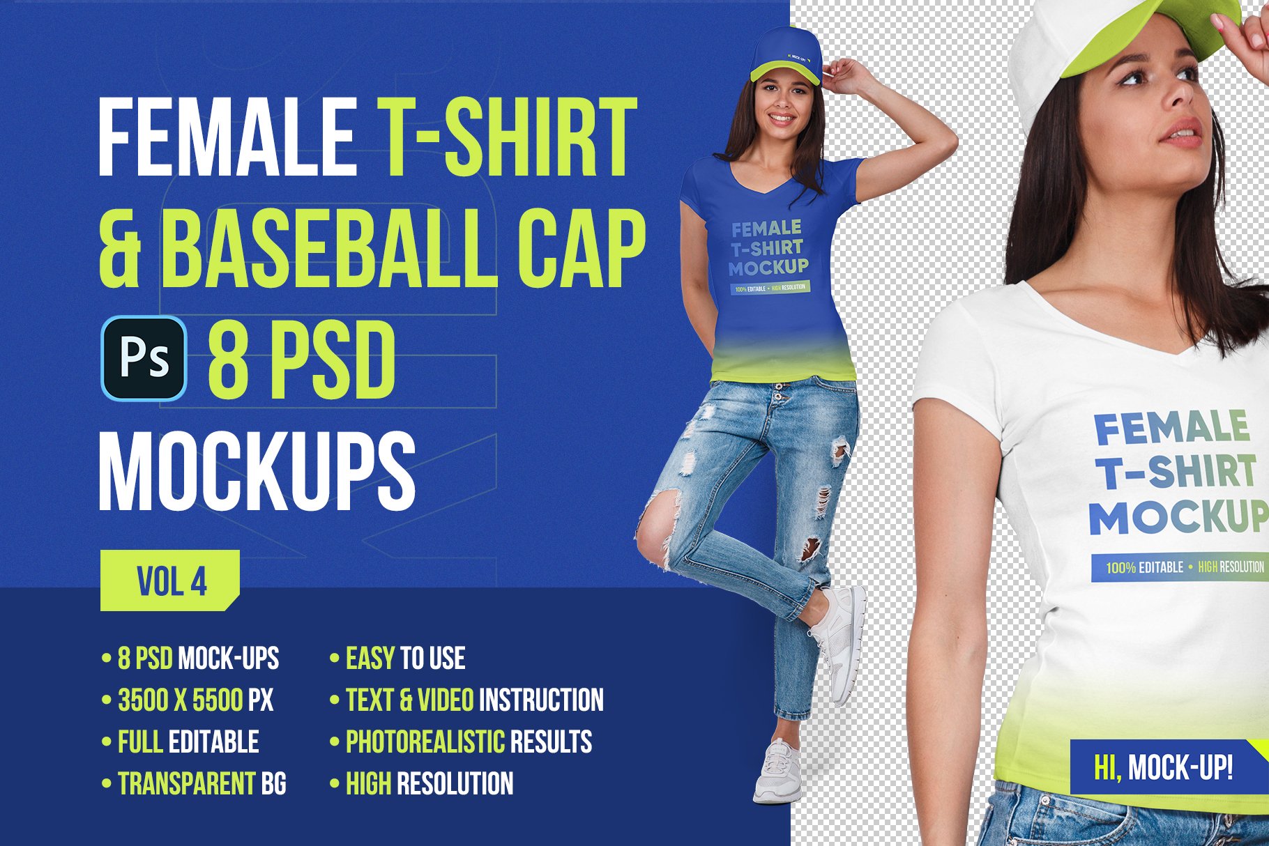 8款女式棒球帽T恤设计展示贴图样机 Female T-Shirt & Baseball Cap Mockup_img_2