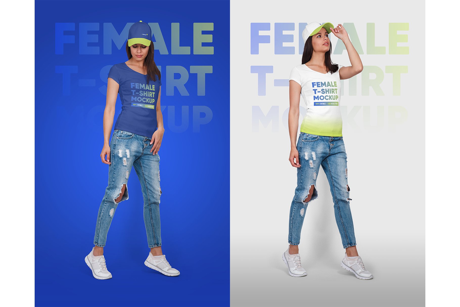 8款女式棒球帽T恤设计展示贴图样机 Female T-Shirt & Baseball Cap Mockup_img_2