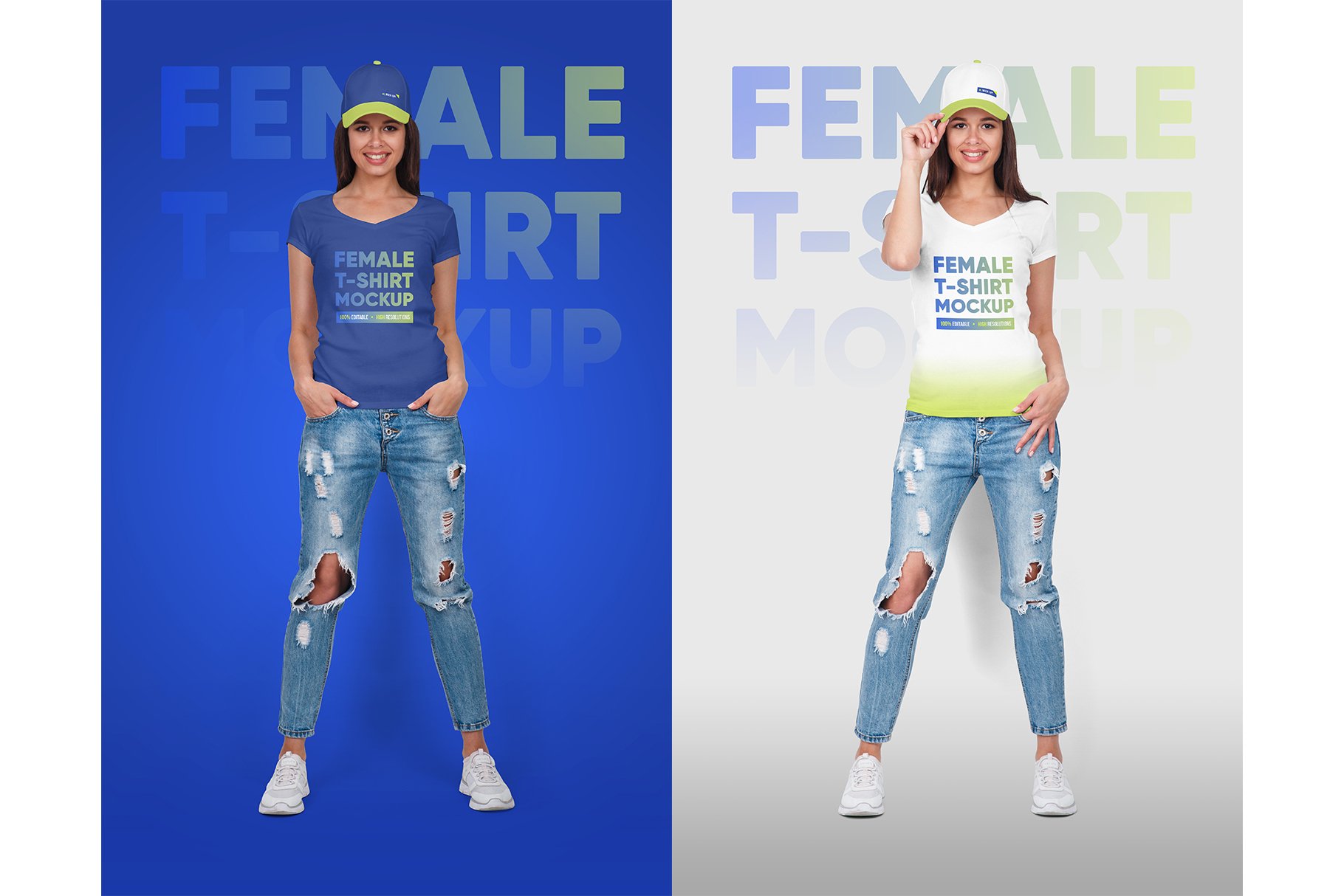 8款女式棒球帽T恤设计展示贴图样机 Female T-Shirt & Baseball Cap Mockup_img_2