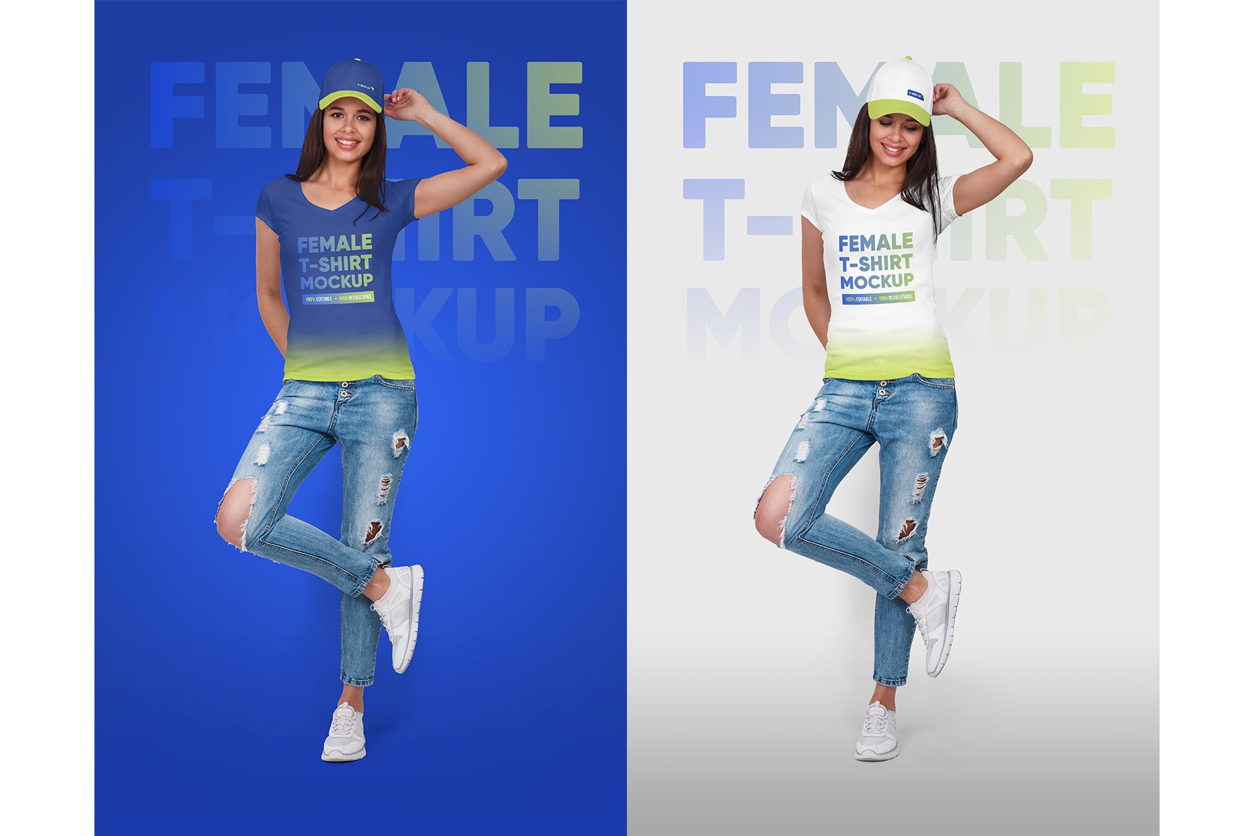 8款女式棒球帽T恤设计展示贴图样机 Female T-Shirt & Baseball Cap Mockup_img_2