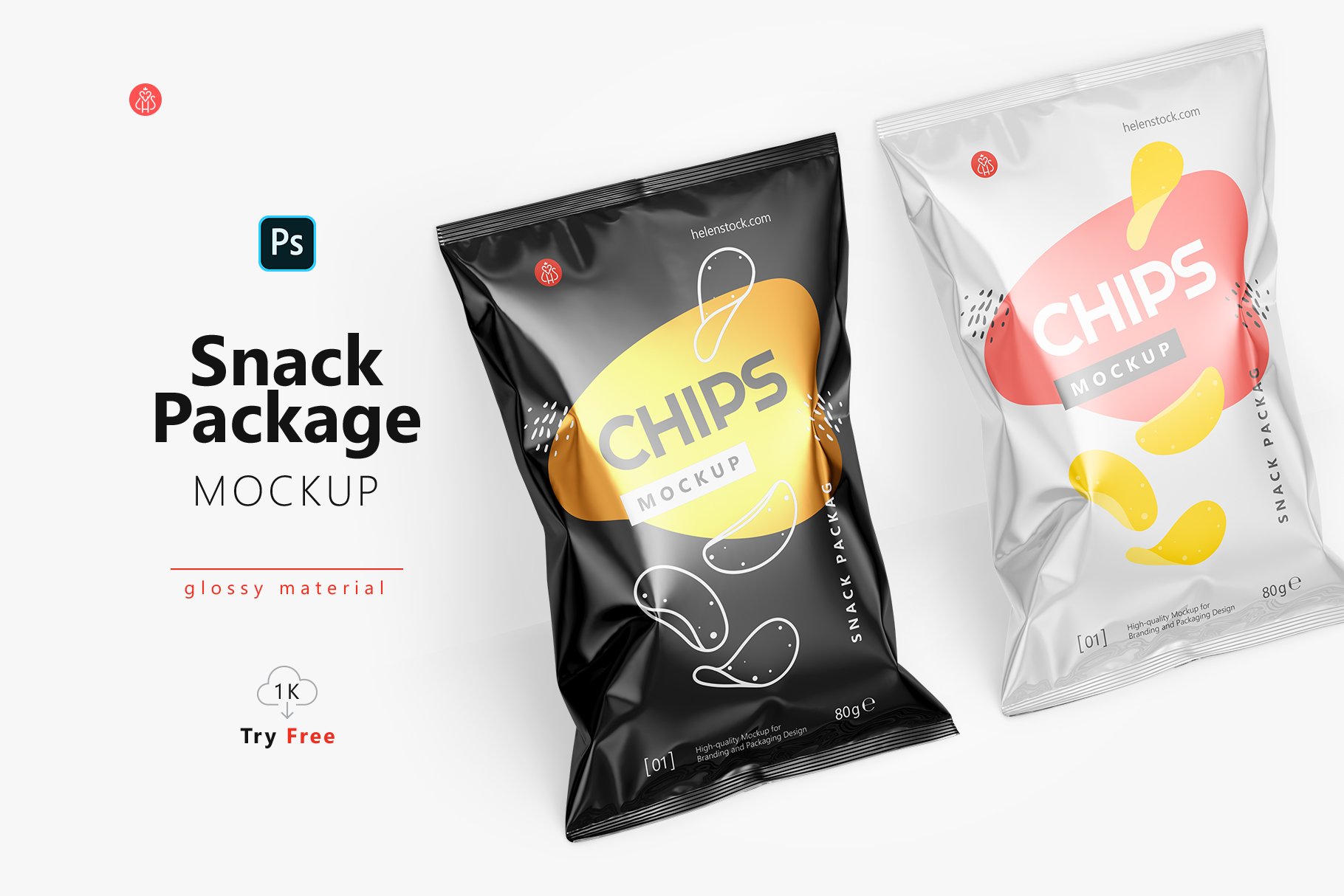 光泽小吃零食塑料包装袋设计贴图样机 Tilted Glossy Snack Package Mockup_img_2