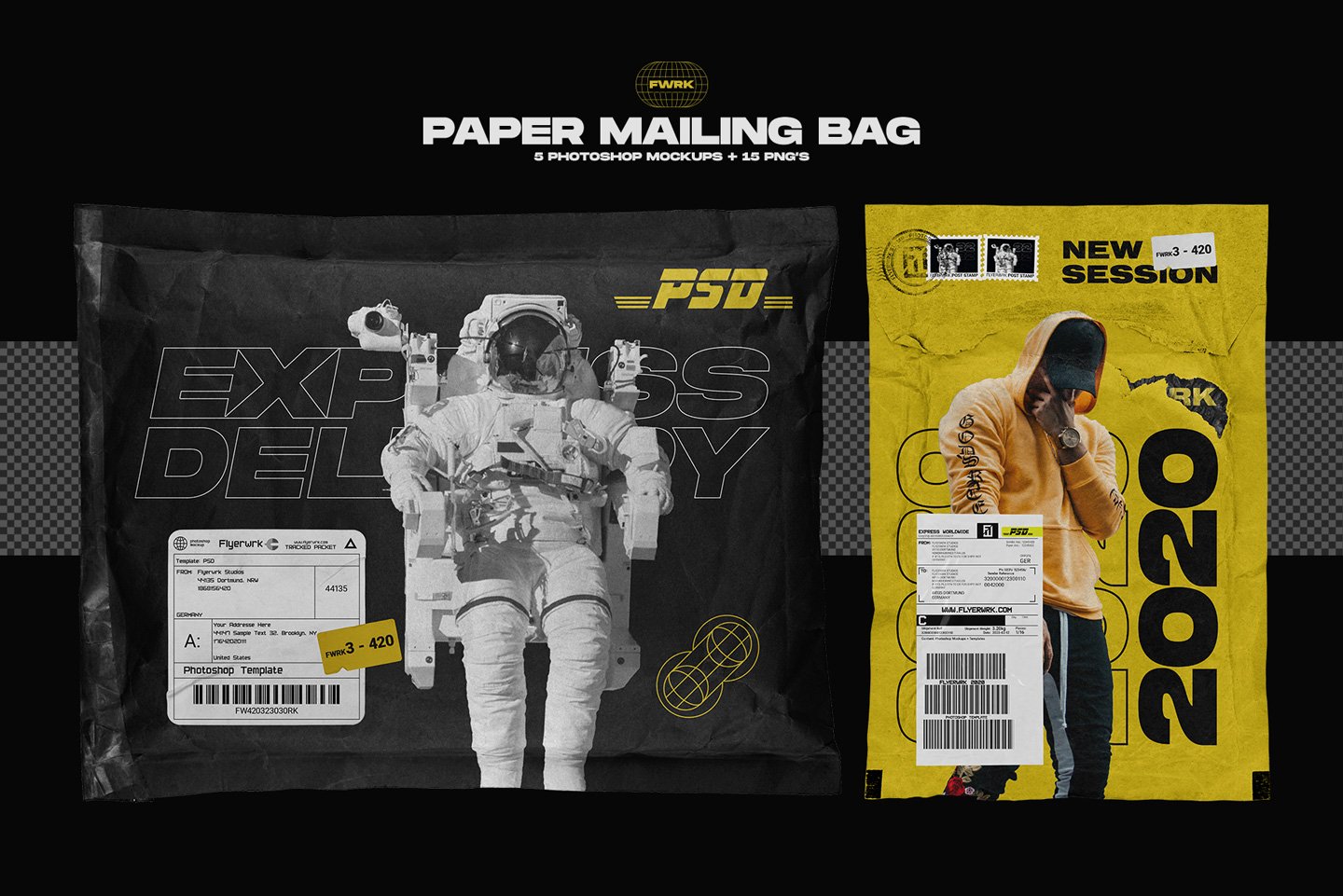 15个潮流快递邮件包裹信件贴纸设计展示样机模板 Flyerwrk - Paper Mailing Bag Mockups_img_2