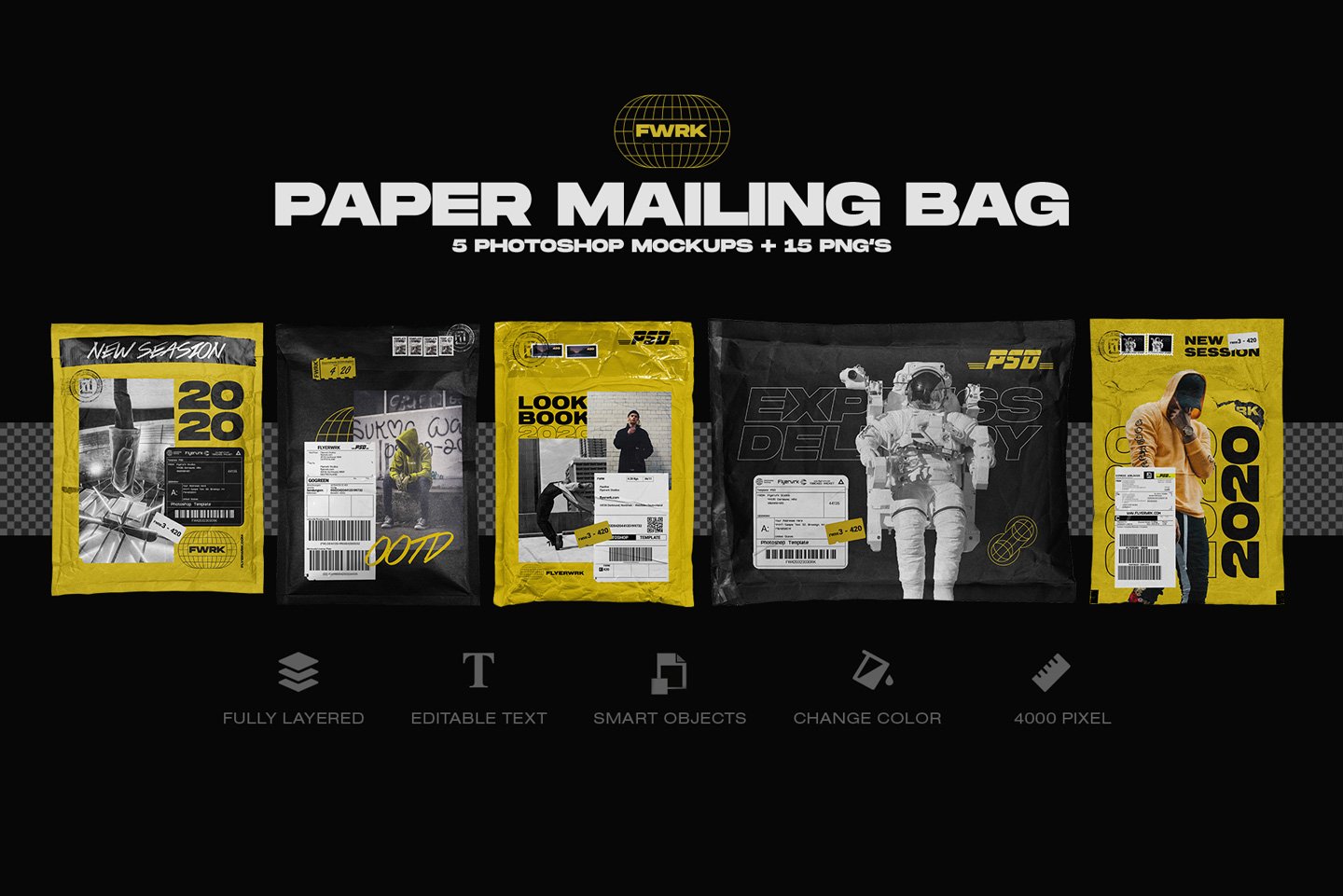 15个潮流快递邮件包裹信件贴纸设计展示样机模板 Flyerwrk - Paper Mailing Bag Mockups_img_2