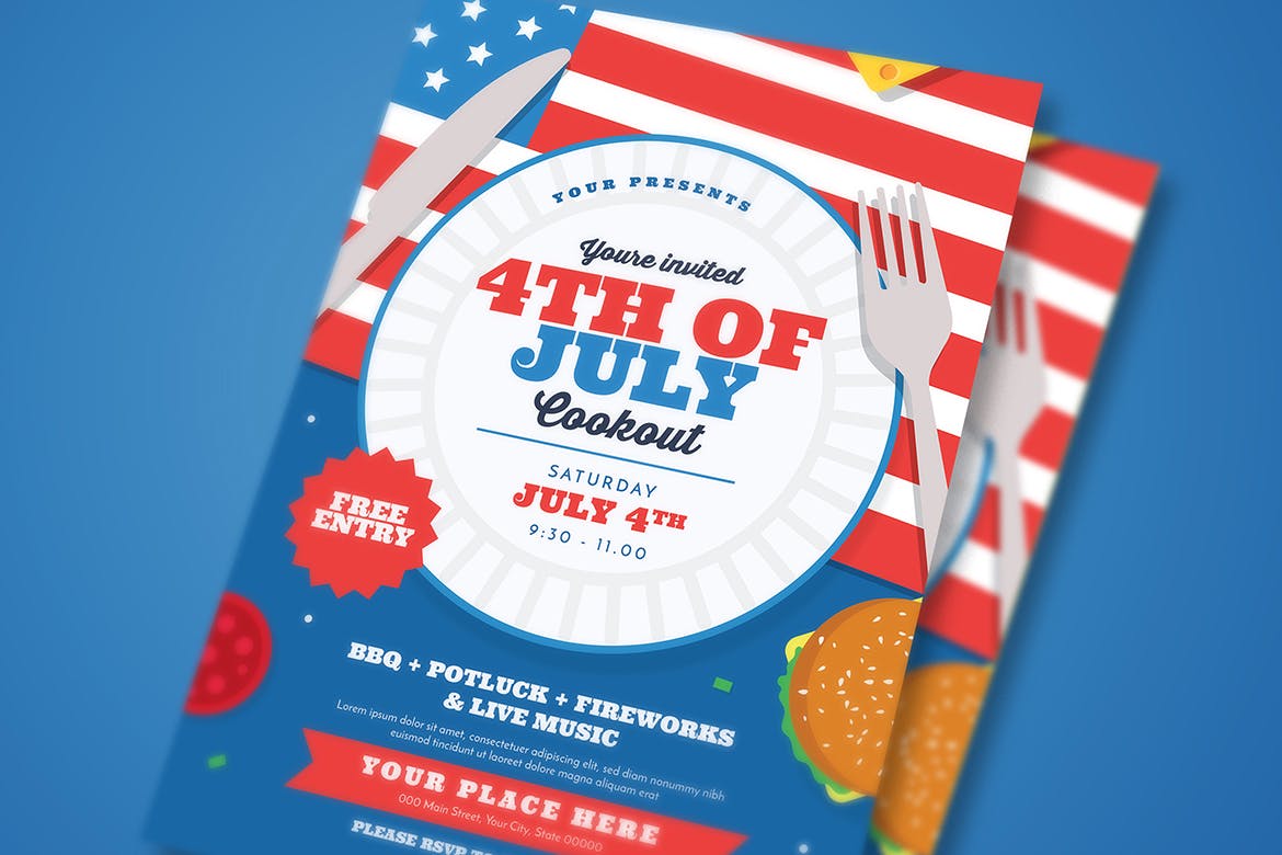 户外野餐传单海报设计模板素材 4th Of July Cookout Flyer_img_2