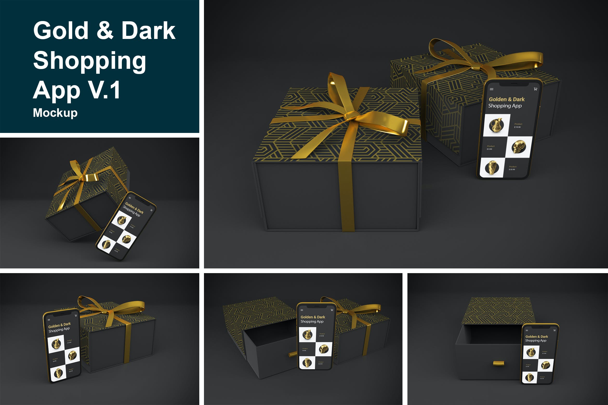 金色带礼物盒APP设计手机屏幕演示样机 Gold & Dark Shopping App V.1 Mockup_img_2