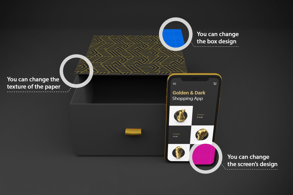 金色带礼物盒APP设计手机屏幕演示样机 Gold & Dark Shopping App V.1 Mockup_img_2