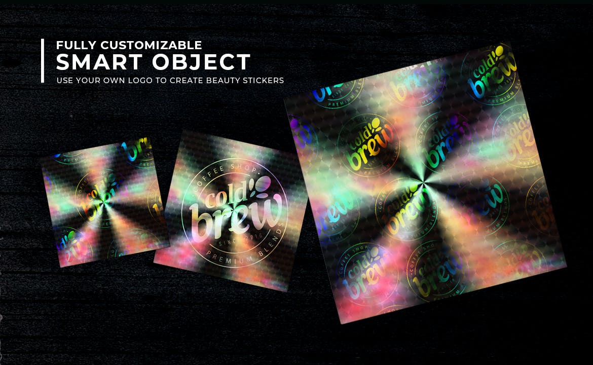 潮流全息渐变标签贴纸设计展示贴图样机 Holographic Sticker Mockup_img_2