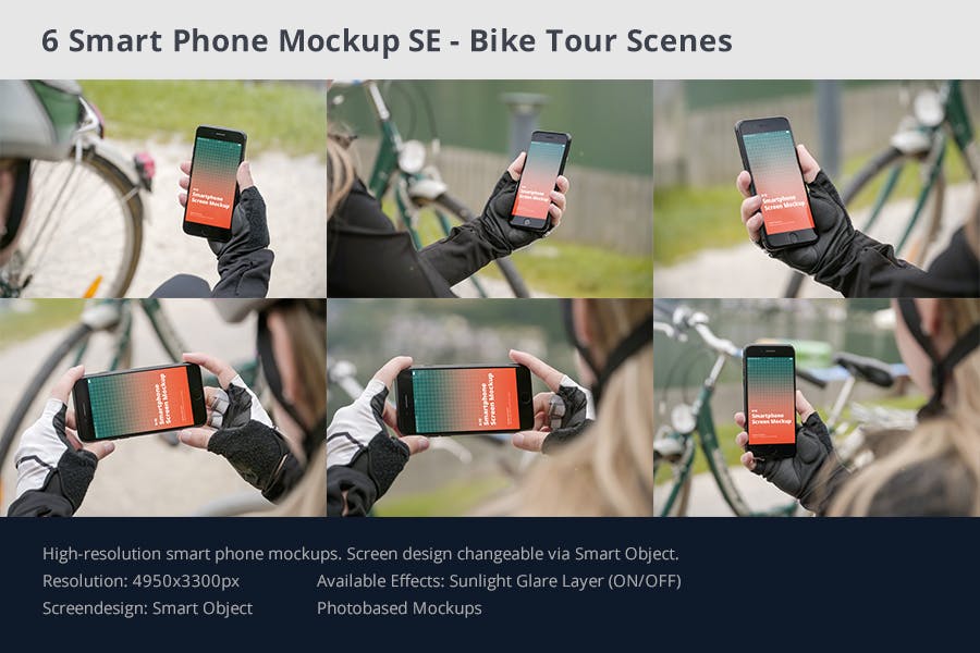 6款应用程序设计骑行苹果手机屏幕演示样机 Phone Mockup SE Bike Tour Scenes_img_2