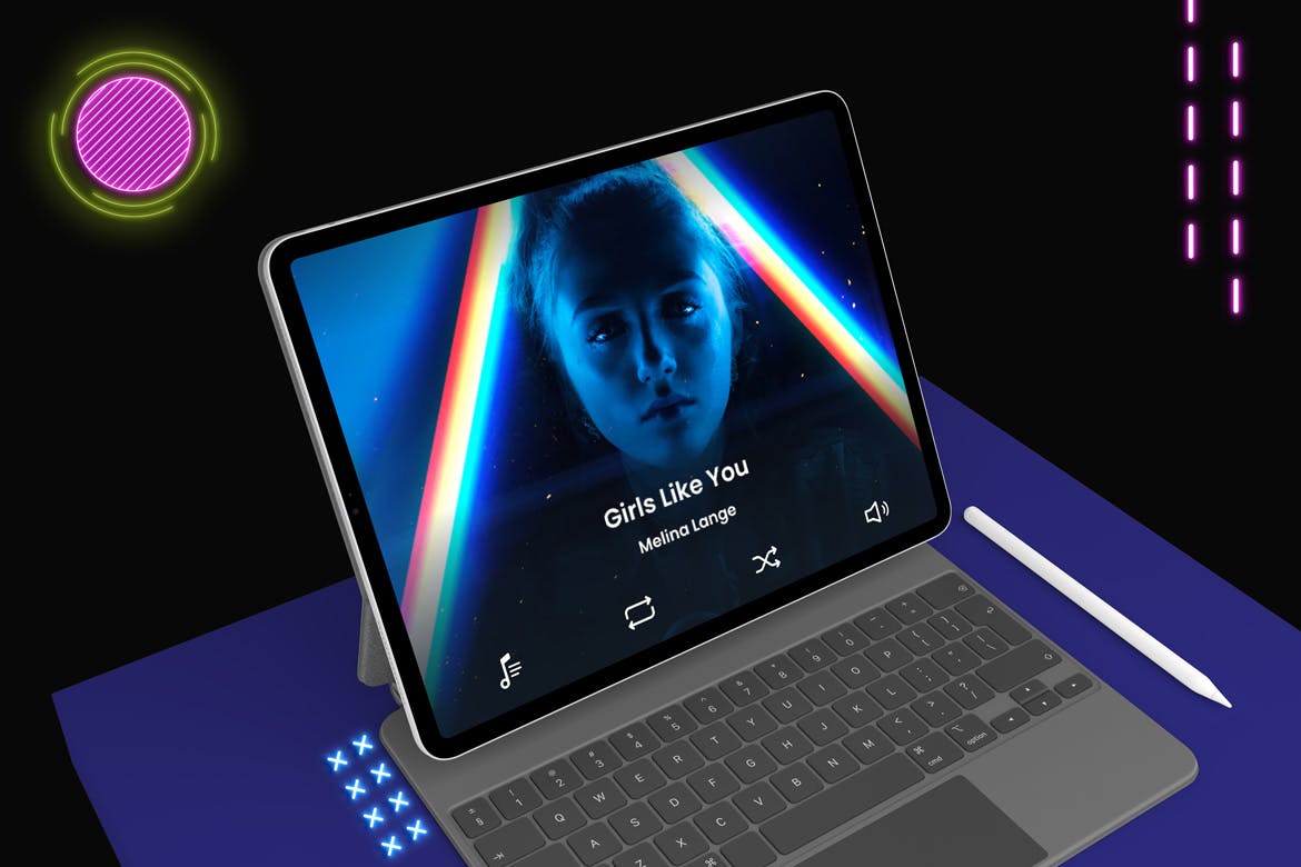 霓虹灯效果带Magic键盘iPad Pro屏幕演示样机模板 Neon iPad Pro & Magic Keyboard Mockup_img_2