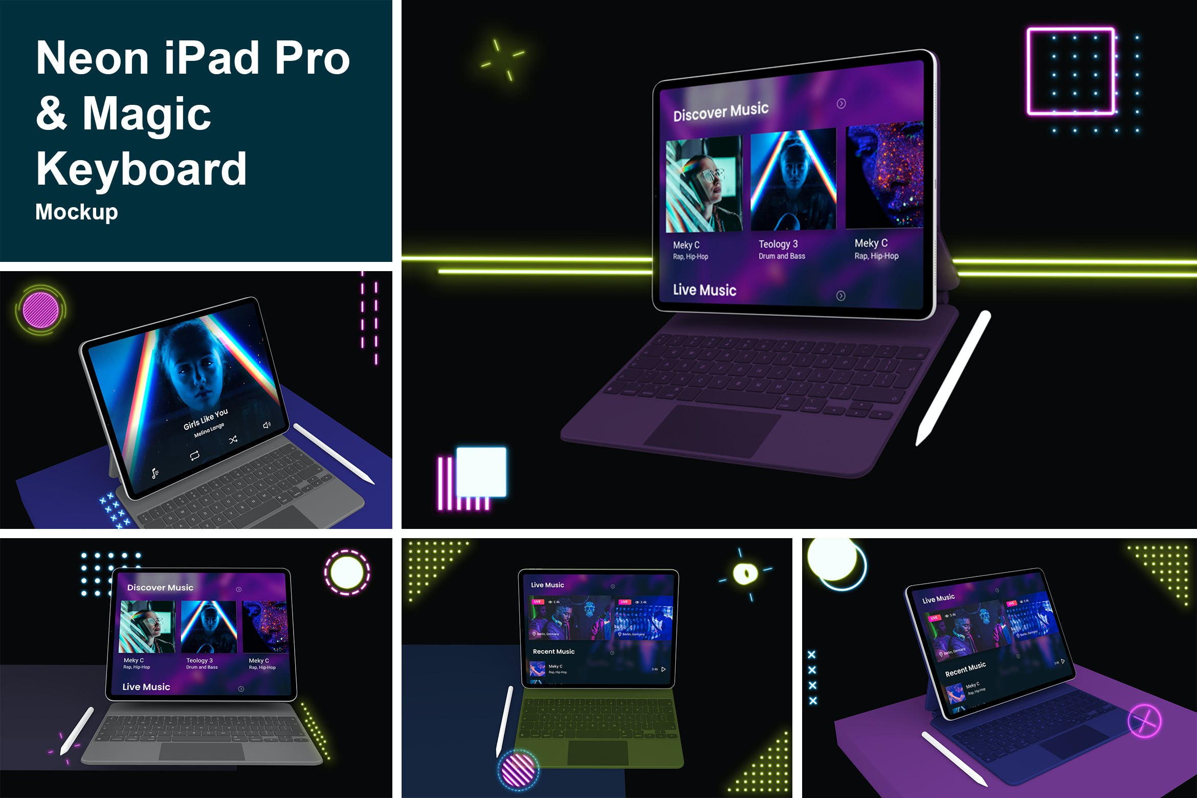 霓虹灯效果带Magic键盘iPad Pro屏幕演示样机模板 Neon iPad Pro & Magic Keyboard Mockup_img_2