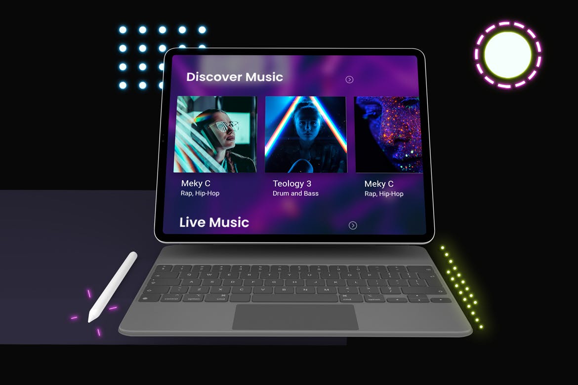 霓虹灯效果带Magic键盘iPad Pro屏幕演示样机模板 Neon iPad Pro & Magic Keyboard Mockup_img_2
