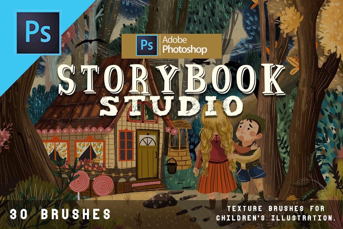 30款童话故事书粗糙颗粒绘画画笔PS笔刷素材 Storybook Studio For Photoshop Brushes_img_2