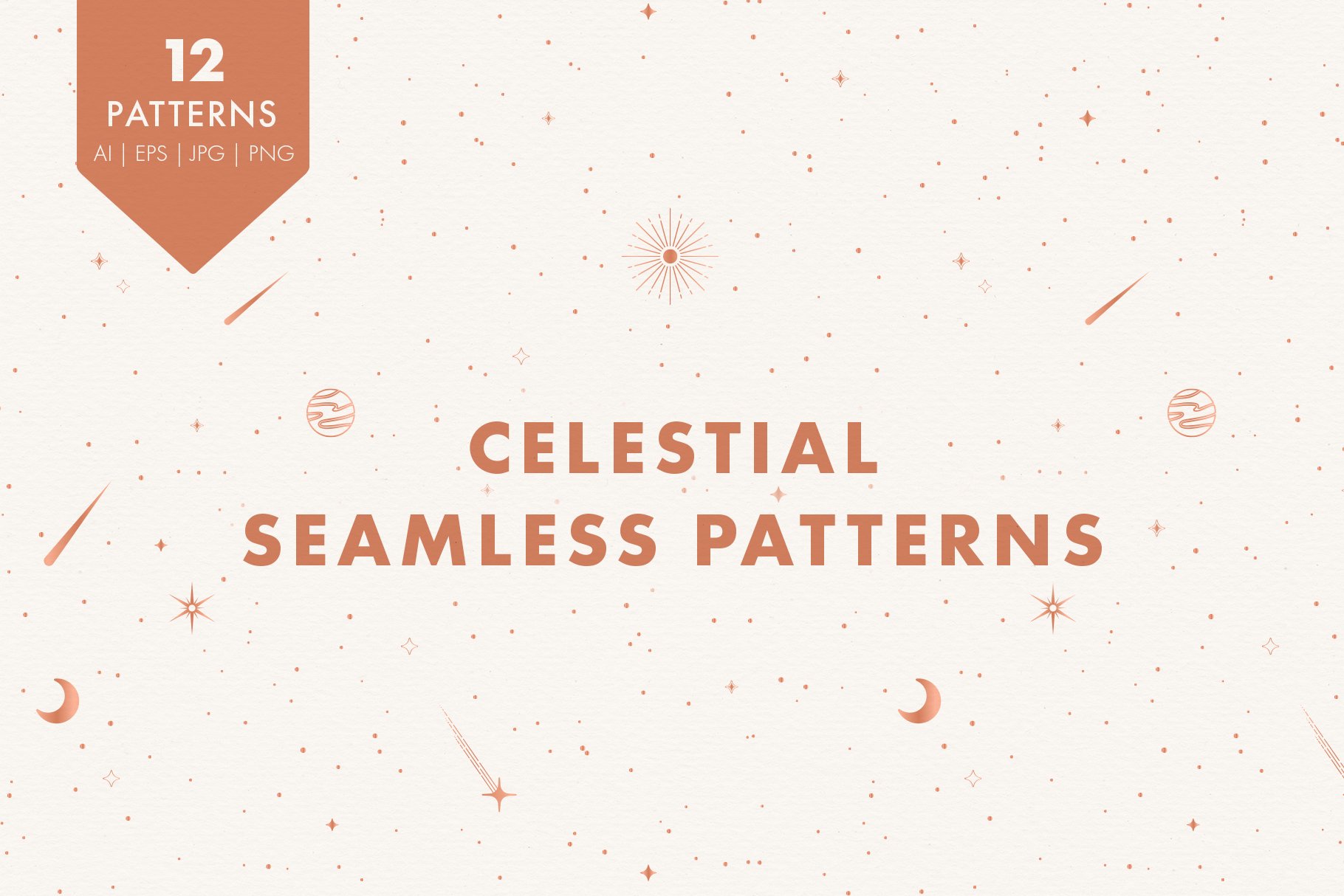 玫瑰金金属黑白星空太阳星星矢量图形AI设计素材 Celestial Seamless Patterns_img_2