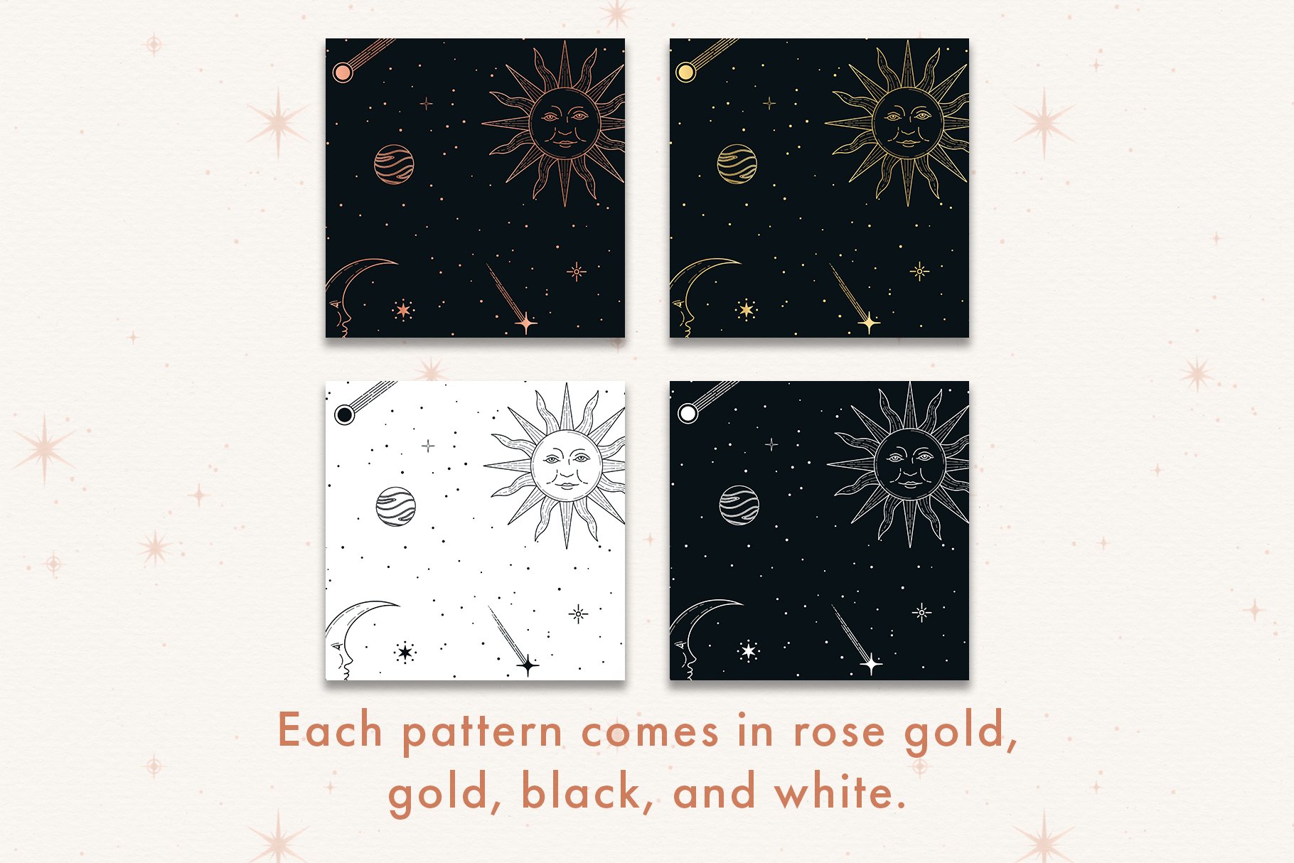 玫瑰金金属黑白星空太阳星星矢量图形AI设计素材 Celestial Seamless Patterns_img_2