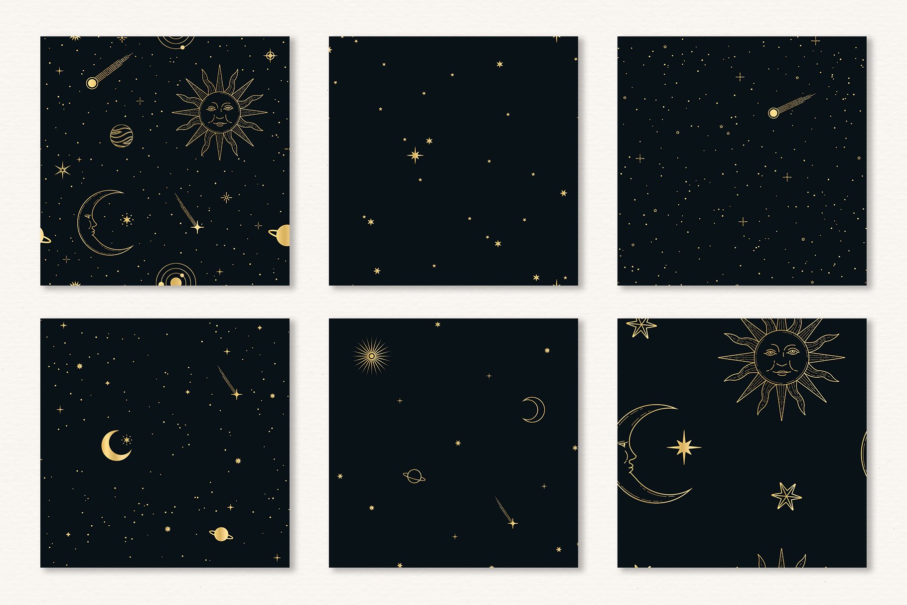 玫瑰金金属黑白星空太阳星星矢量图形AI设计素材 Celestial Seamless Patterns_img_2