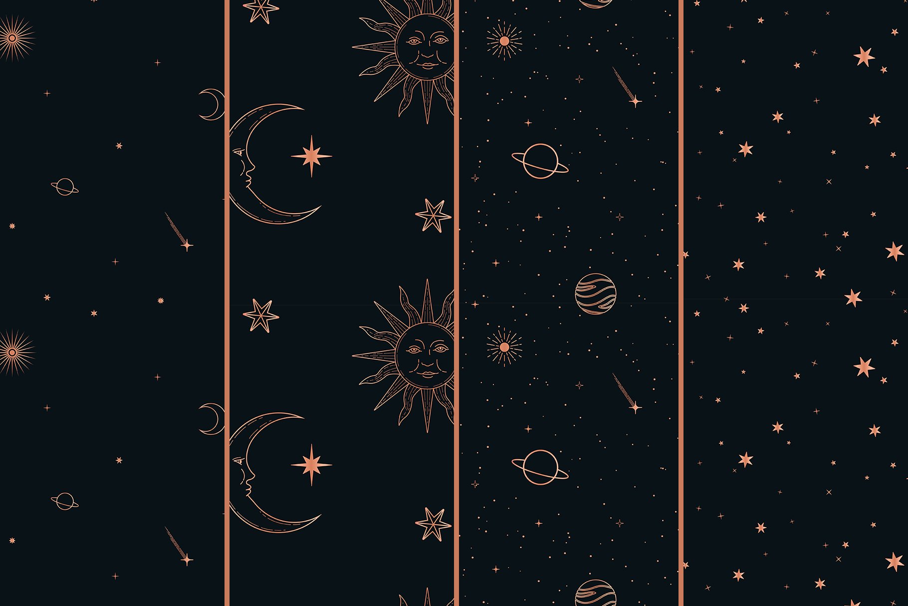 玫瑰金金属黑白星空太阳星星矢量图形AI设计素材 Celestial Seamless Patterns_img_2