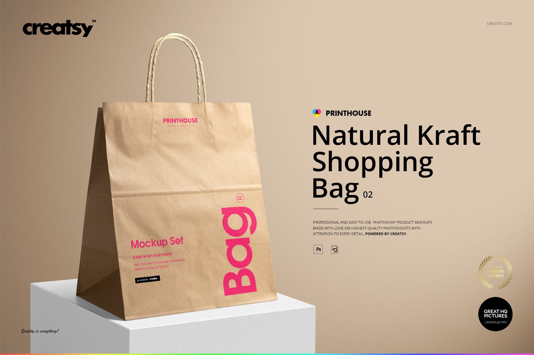 时尚牛皮纸购物手提纸袋设计贴图样机模板 Natural Kraft Shopping Bag Mockup 2_img_2