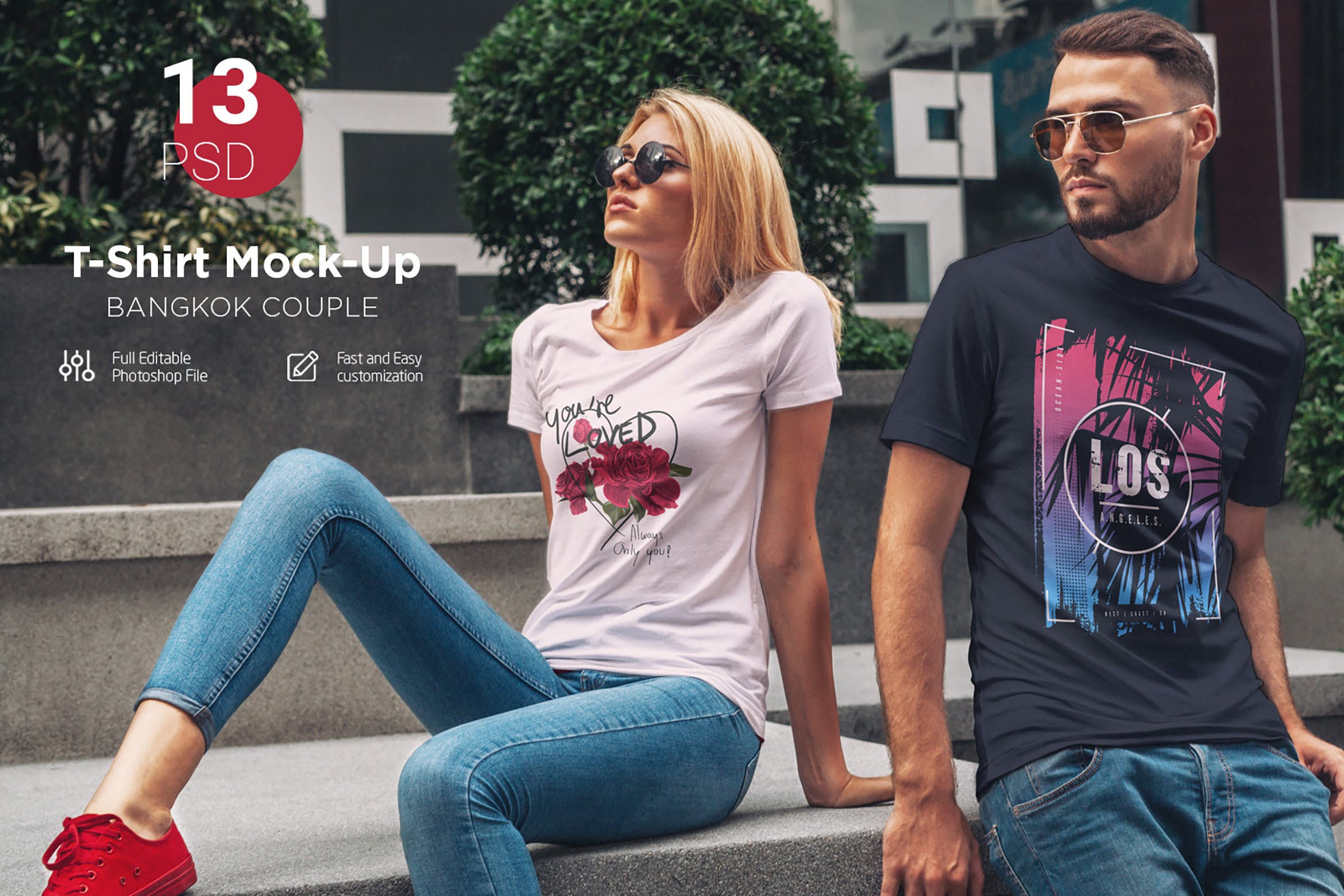 13款都市风情侣T恤半袖衫印花图案设计展示样机 T-Shirt Mockup Couple In City_img_2