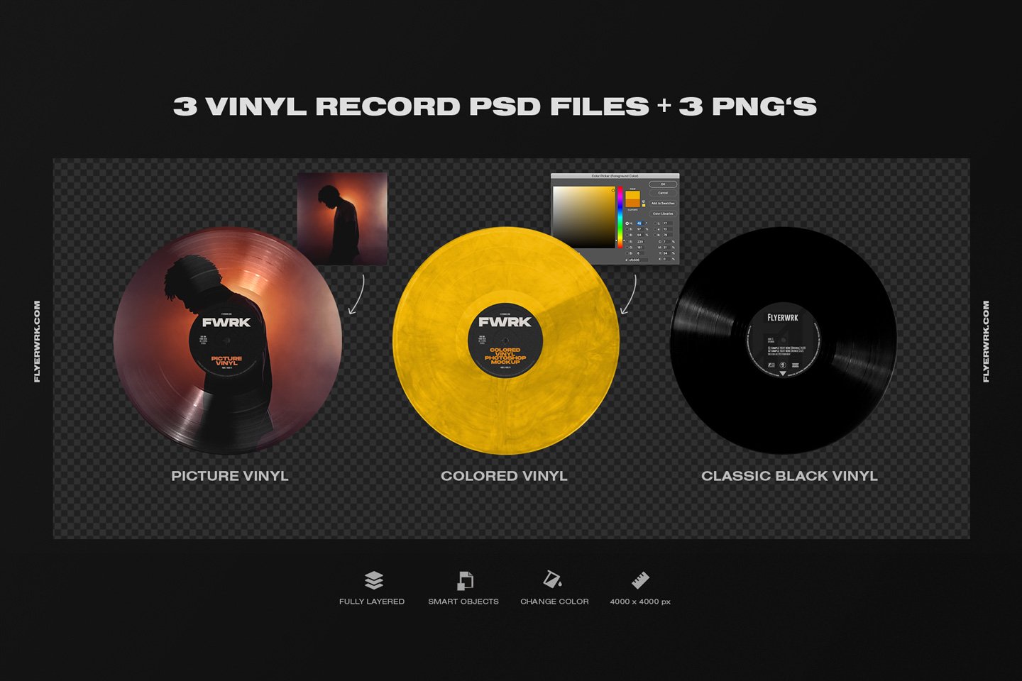 潮流复古黑胶唱片设计展示智能贴图PSD样机模板 Retro Vinyl Record Mockup_img_2