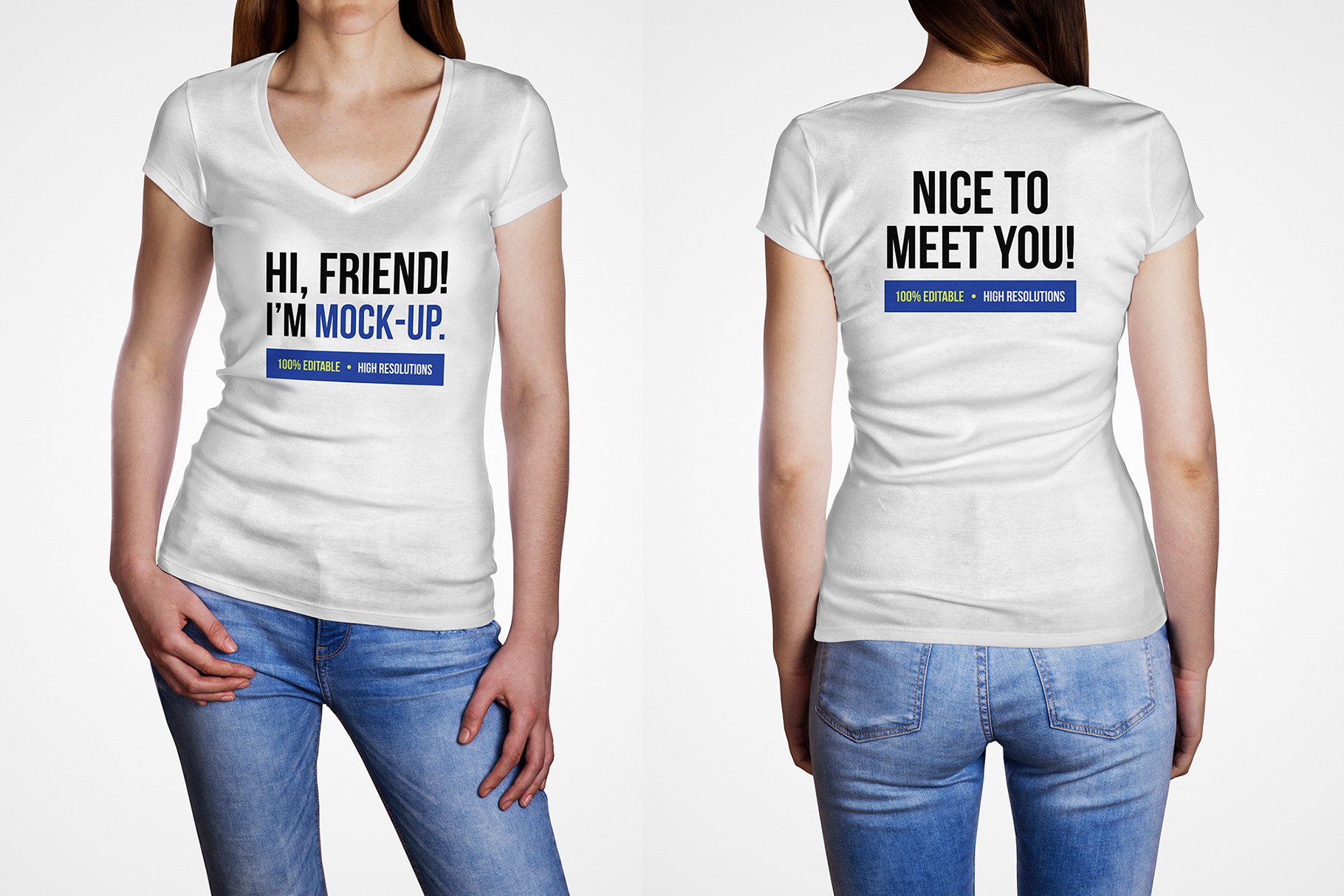 11款宽领女式T恤半袖衫印花图案设计展示样机 Female V Neck T-Shirt Mockup_img_2