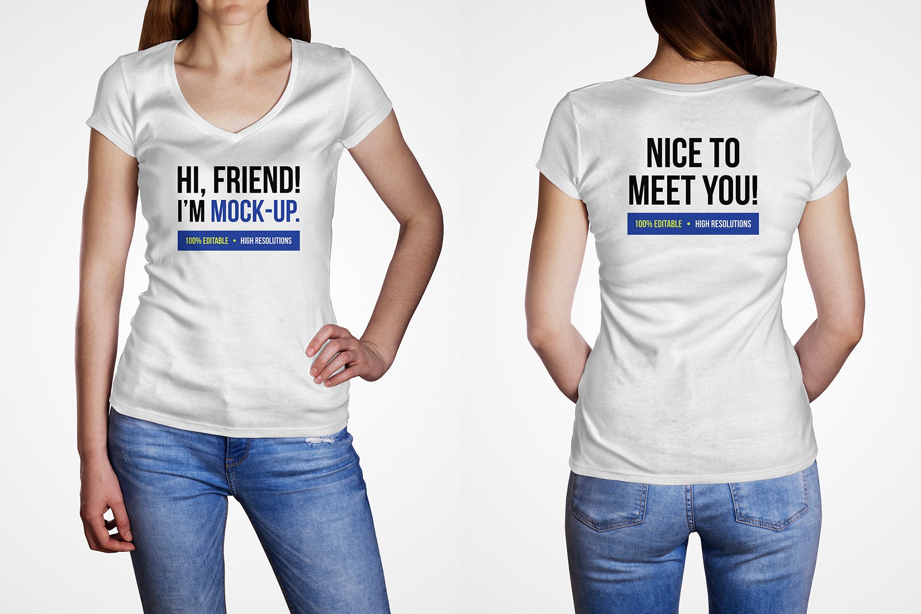 11款宽领女式T恤半袖衫印花图案设计展示样机 Female V Neck T-Shirt Mockup_img_2