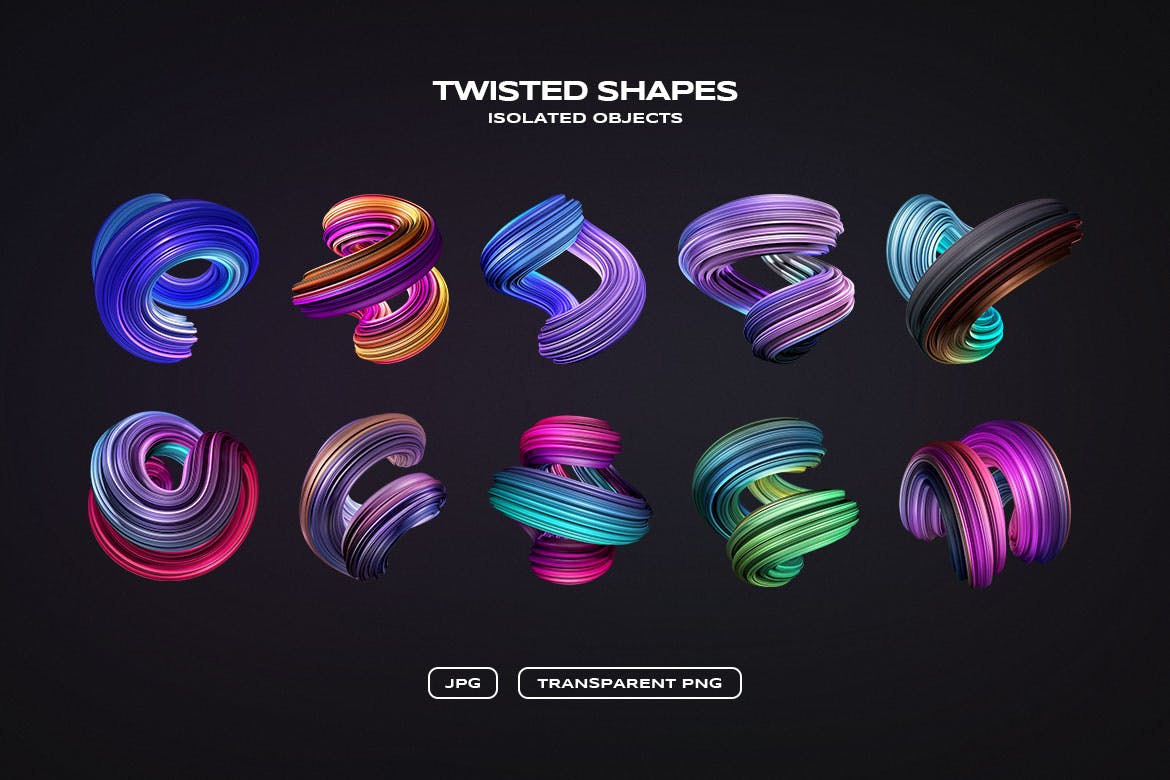 10款创意抽象炫彩3D扭曲图形PNG免扣图片设计素材 3D Twisted Decorative Shapes Backgrounds_img_2