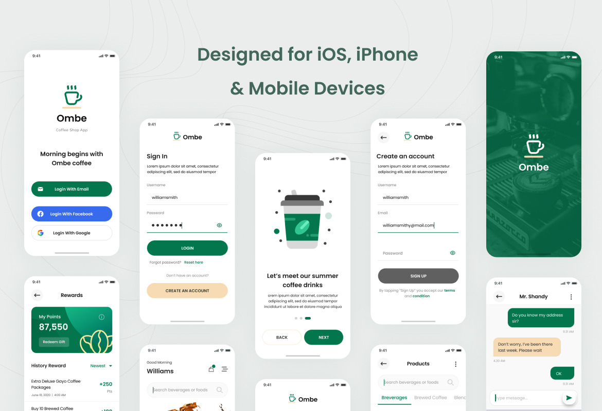 现代简约咖啡在线预定外卖iOS APP应用程序设计UI套件素材 Ombe - Coffee Shop iOS App Design UI Template_img_2