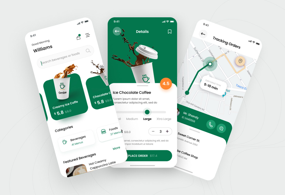 现代简约咖啡在线预定外卖iOS APP应用程序设计UI套件素材 Ombe - Coffee Shop iOS App Design UI Template_img_2