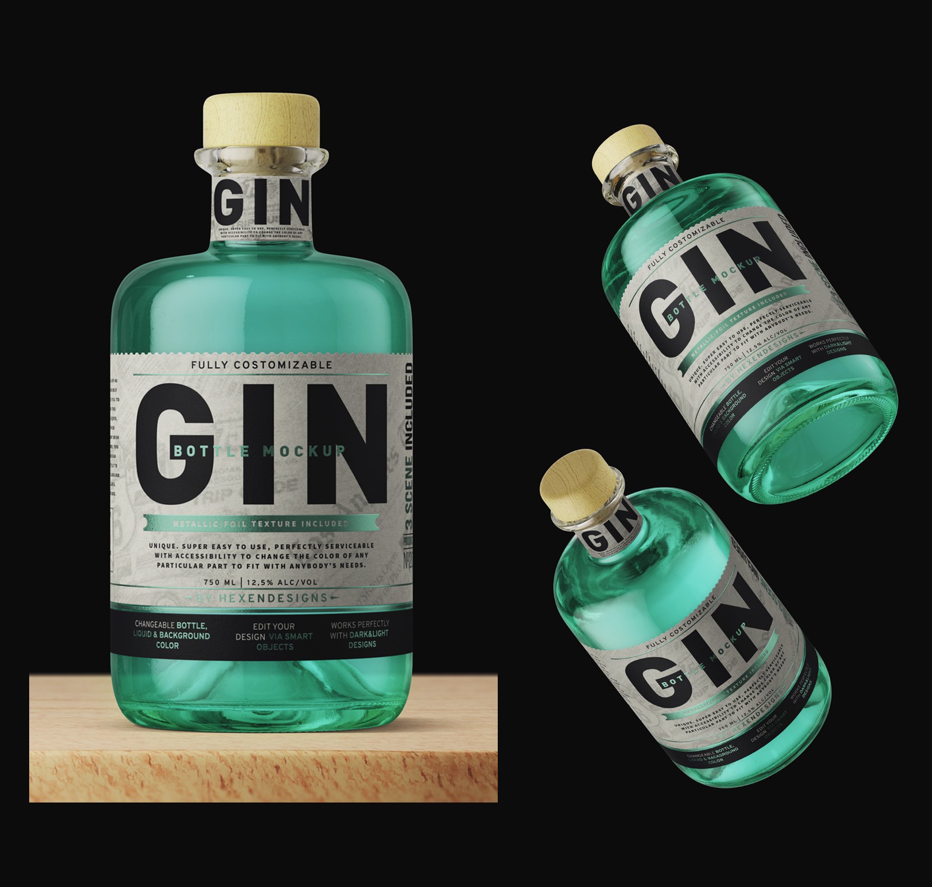 杜松子玻璃酒瓶标签设计展示样机模板 Gin Bottle Mockup_img_2