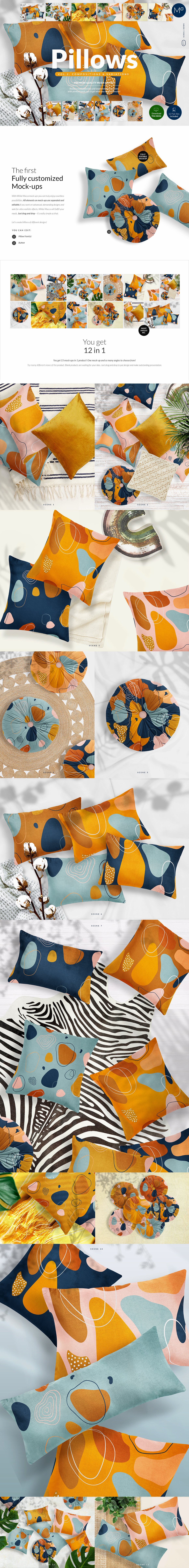 12个多角度枕头抱枕印花图案设计展示智能贴图PSD样机模板 Pillows Vol.2: Compositions Mockups_img_2