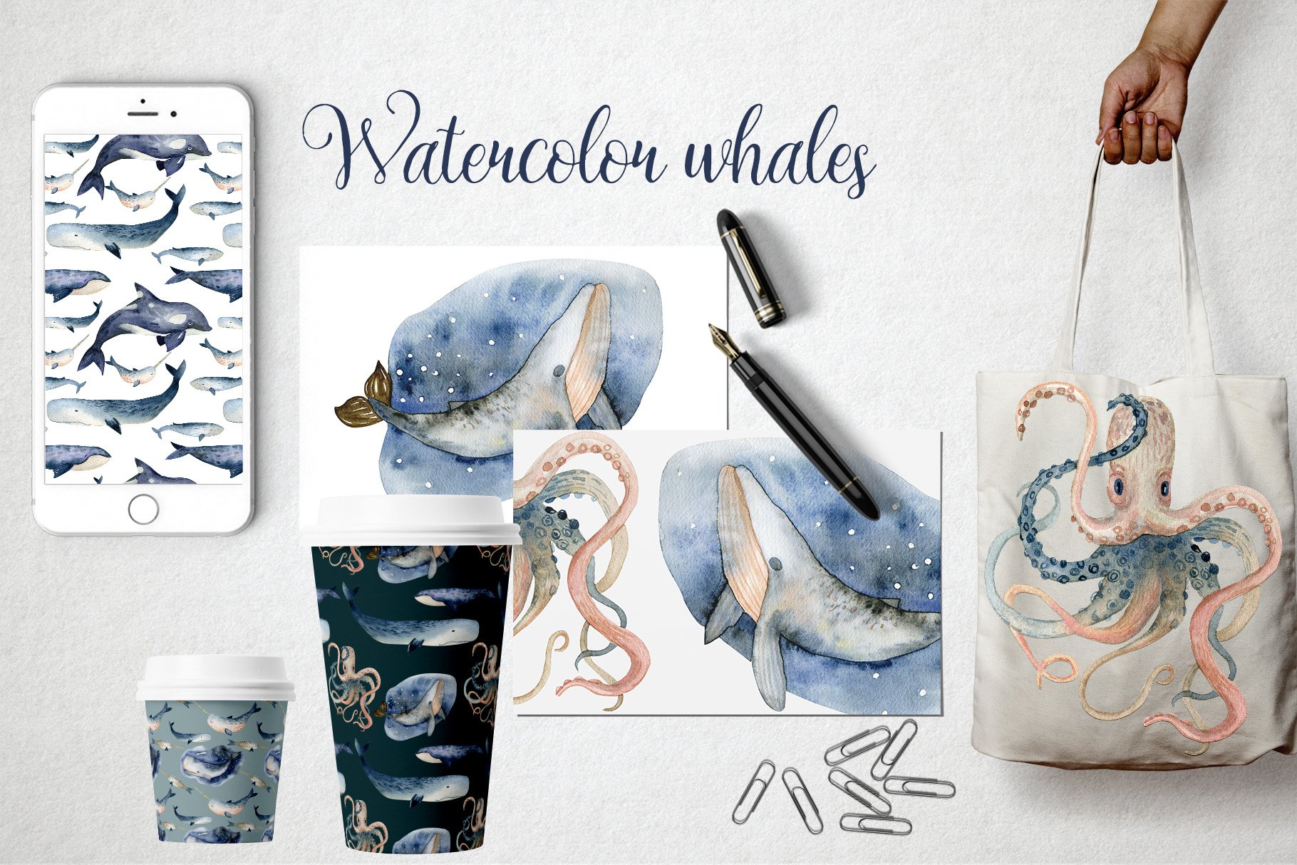 海洋动物植物水彩剪贴画插图图片素材 Watercolor Whales & Patterns_img_2