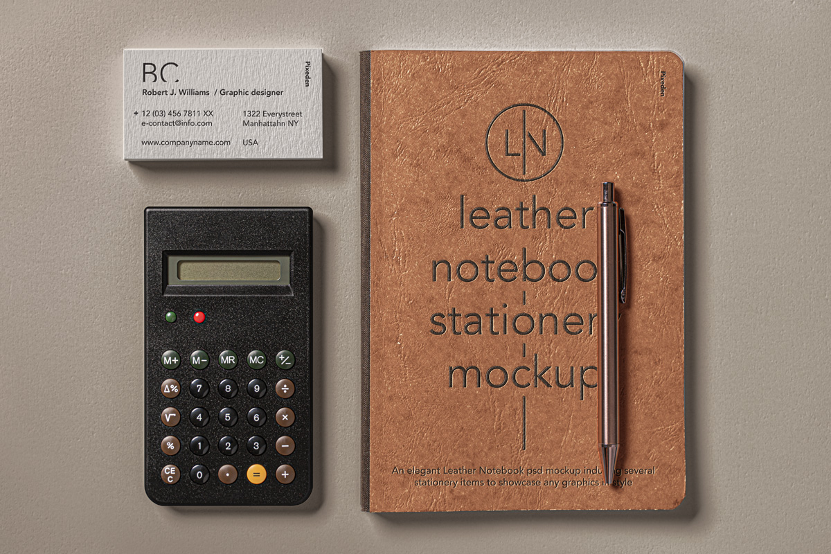 带有名片皮革笔记本封面设计PSD样机 Leather Cover Psd Notebook Mockup Set_img_2