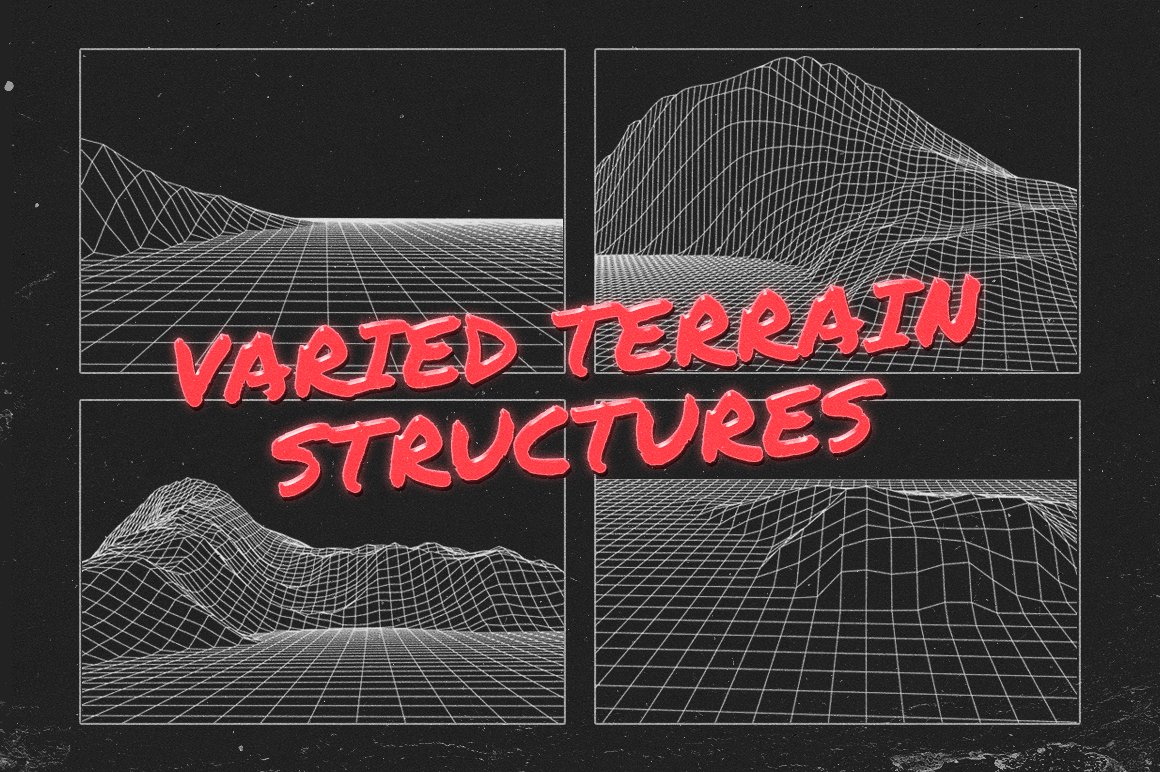 40款80年代复古未来美学矢量网格纹理山水插图设计素材 Retro Inspired Grid Landscapes_img_2